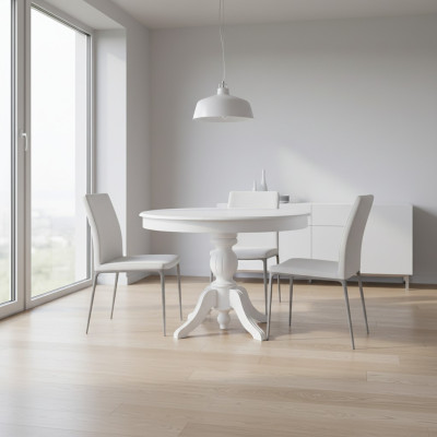 Uitbreidbare eettafel van wit houten eettafel.