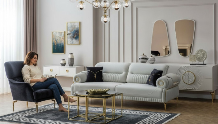 Groep banken driezitsbank fauteuil bank gestoffeerde bank stoffen bank blauw 2-delig
