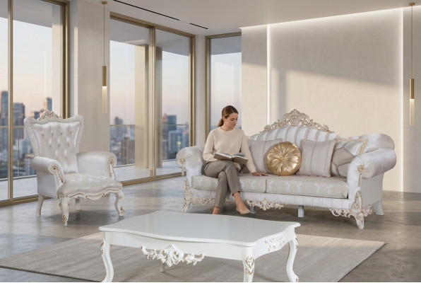 Luxe bankstel voor de woonkamer in klassieke stijl in de kleur wit.