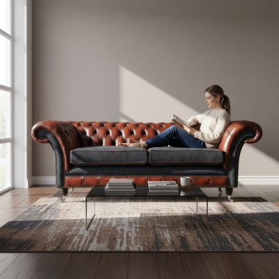 Modern Design Woonkamer Bankstel 3-zits Bruin Chesterfield Bank Leer Bekleding Textiel Nieuw