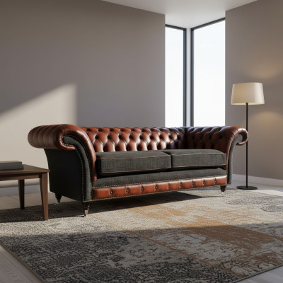 Modern Design Woonkamer Bankstel 3-zits Bruin Chesterfield Bank Leer Bekleding Textiel Nieuw