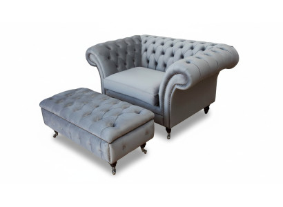 Chesterfield oorfauteuil voetenbank fauteuil bank gestoffeerde set grijs textiel