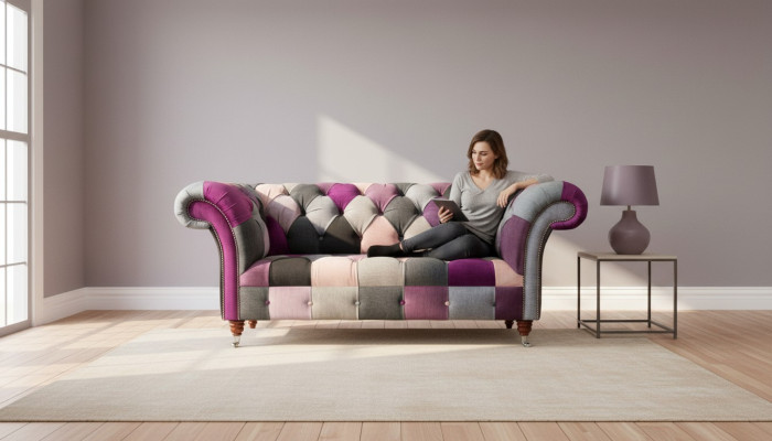 Chesterfield stoffen bank bank bekleding ontwerp 2-zit stoffen bank grijs Chesterfieldstoffsofa Bankbezug Design 2-Sitzer Stoffsofa Grau