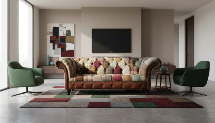 Kleurrijk designerbankstel in Chesterfield-ontwerp met drie zitplaatsen.