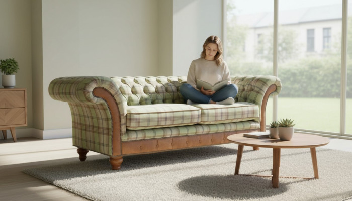 Luxe designer bank in Chesterfield design met drie zitplaatsen.