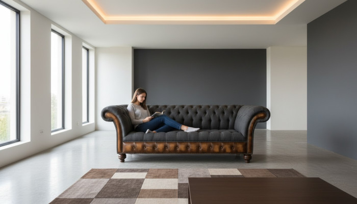 Ontwerp Zwarte Bank 3-zits Chesterfield Stoffen Bank Bank Bekleding Nieuw