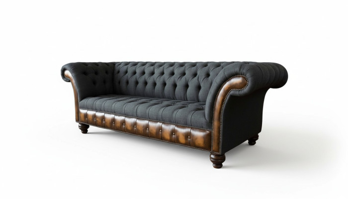 Ontwerp Zwarte Bank 3-zits Chesterfield Stoffen Bank Bank Bekleding Nieuw