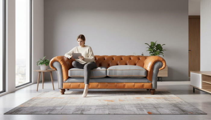 Luxe kunstleren bank in Chesterfield 3-zits bank ontwerp met drie zitplaatsen.