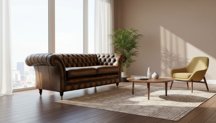 Bruine bank 3-zitsbank ontwerp Chesterfield gestoffeerde zitting leer Nieuw