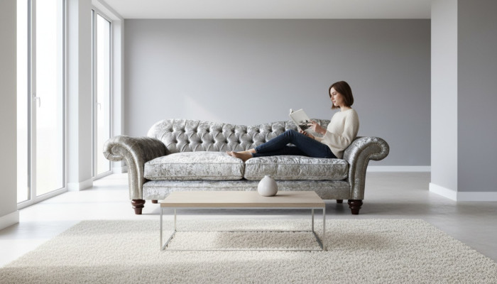 Luxe klassieke Chesterfield bank met drie zitplaatsen in het grijs.