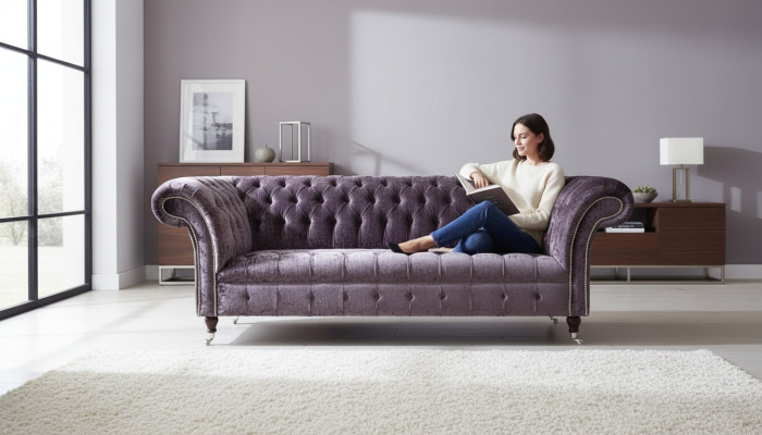 Chesterfield bank van textiel fluweel stof bank meubelontwerp 3-zits paars