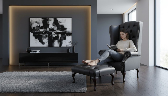 Fauteuil met voetenbankje ontwerper gestoffeerde fauteuil Chesterfield oorfauteuil nieuw