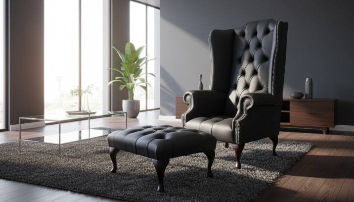 Fauteuil met voetenbankje ontwerper gestoffeerde fauteuil Chesterfield oorfauteuil nieuw
