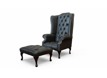 Fauteuil met voetenbankje ontwerper gestoffeerde fauteuil Chesterfield oorfauteuil nieuw