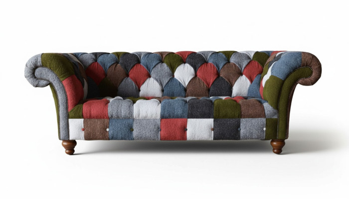 Chesterfield Bank 3 zitter Bekleding Zitkussen Textiel Stof Multikleur Bankstel