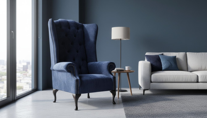 Chesterfield design fauteuil bekleding luxe blauw textiel bank oorfauteuil