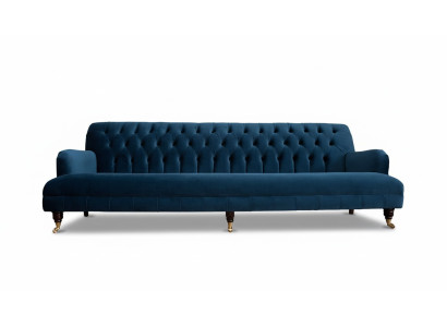 Luxe designbank in Chesterfield-stijl met vier zitplaatsen in de kleur blauw.