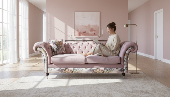 Een levendige driezitsbank van Chesterfield met een delicaat roze bloemenpatroon.