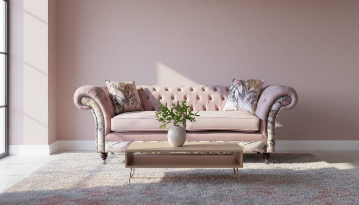 Een levendige driezitsbank van Chesterfield met een delicaat roze bloemenpatroon.