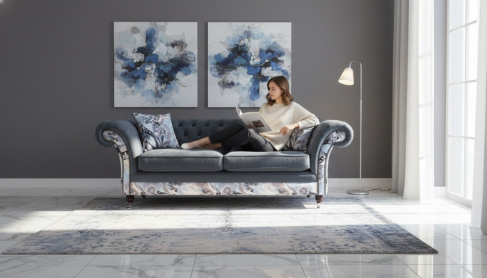 Een opvallende driezitsbank in Chesterfield-design met subtiele grijze bloemendecoratie.