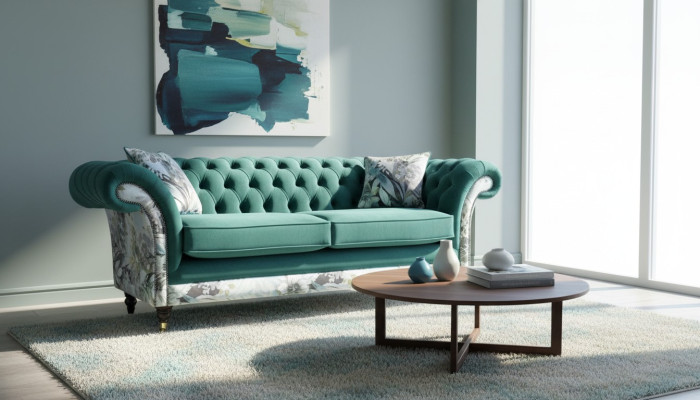 Een levendige driezitsbank van Chesterfield in een delicate smaragdkleur met bloemmotief.
