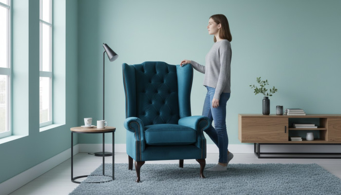 Grijze oorfauteuil Fauteuil Ontwerp Bekleding Chesterfield Textiel Woonkamer