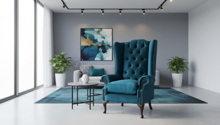 Grijze oorfauteuil Fauteuil Ontwerp Bekleding Chesterfield Textiel Woonkamer
