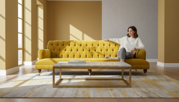 Ontwerp Chesterfield Chesterfield Stof Geel 5-zits Bankbekleding Nieuw