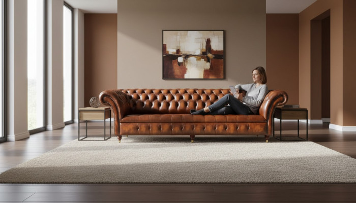 Bankstel 4-zits Chesterfield design Luxe bank Gestoffeerde bank Nieuw Bruin