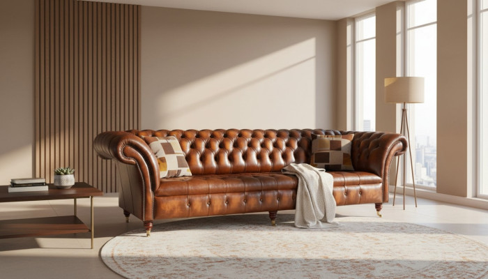 Bankstel 4-zits Chesterfield design Luxe bank Gestoffeerde bank Nieuw Bruin
