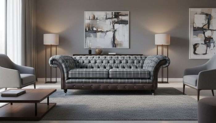 Bankstel 3-zits bankstellen textiel banken design meubels driezits grijs Chesterfield