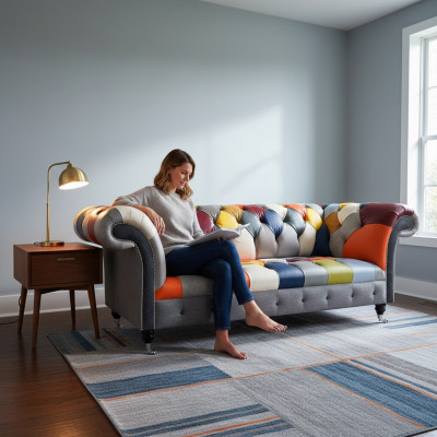 Chesterfield 3-zits stoffen designbank gestoffeerd textiel Moderne bank Nieuw