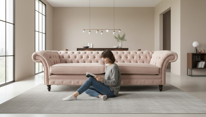 Moderne Chesterfield 4-zits design bank roze gestoffeerde banken stof textiel