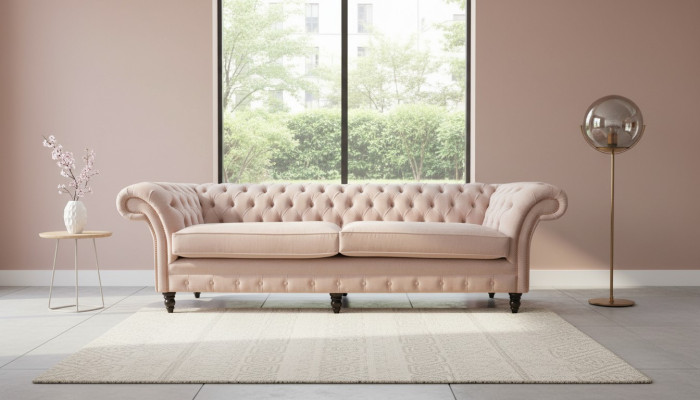 Moderne Chesterfield 4-zits design bank roze gestoffeerde banken stof textiel