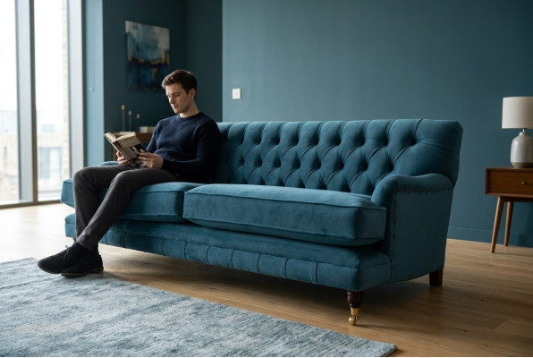 Driepersoons bank gestoffeerd design bankstel blauw zitbanken meubilair Chesterfield