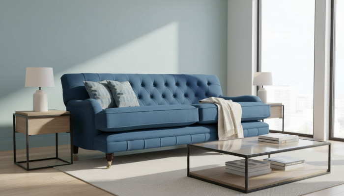 Driepersoons bank gestoffeerd design bankstel blauw zitbanken meubilair Chesterfield