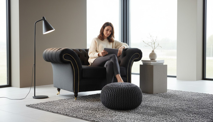 Chesterfield fauteuil Lounge Zwart Bank Bankstel Modern Stof Nieuw