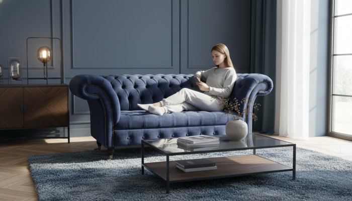 Chesterfield Design Bank Bank 2 Zits Bekleding Blauw Banken Banken Nieuw