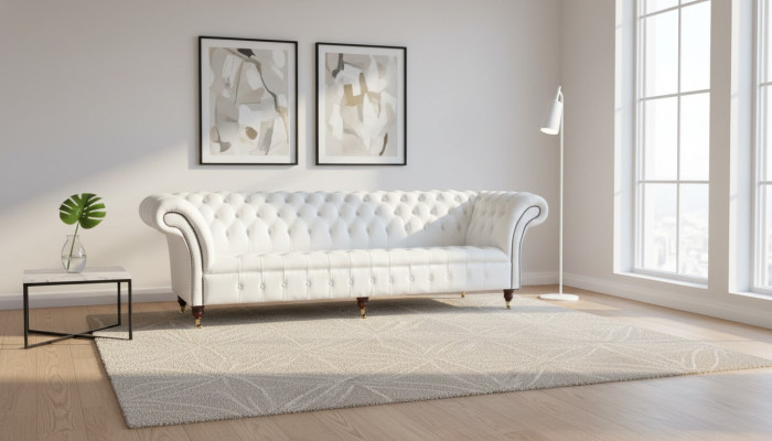 Chesterfield bankstellen ontwerp luxe wit textiel bankstel 4-zits stof vierzitter.