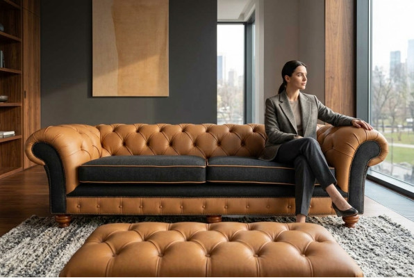 Stijlvolle 4-zits woonkamer bank gestoffeerde bank big sofa Chesterfield leer textiel nieuw