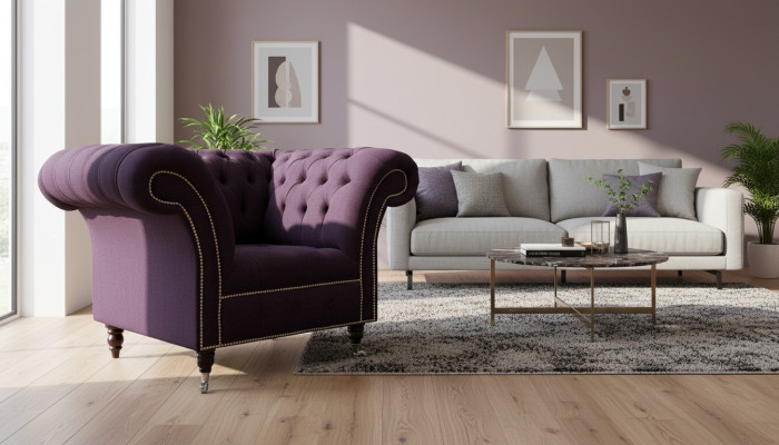 Fauteuil 1-zits luxe 1 zitplaats design textiel paarse stof Chesterfield