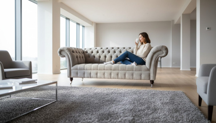 Grijze Chesterfield bank met drie zitplaatsen, zitkussens, banken, bankstel, meubels nieuw