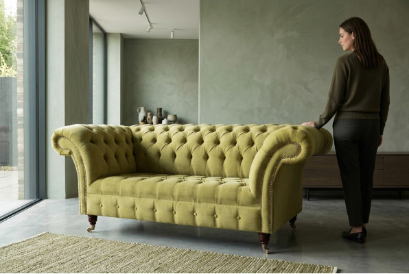 Tweezits bank Luxe 2-zits woonkamer Lichtgroen Chesterfield stof Nieuw