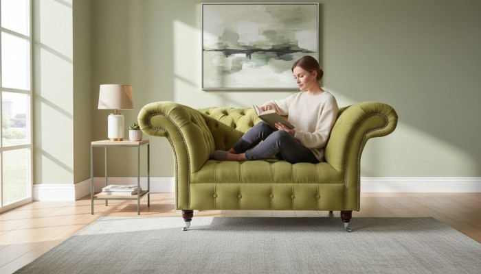 Chesterfield fauteuil textiel ontwerp bank stof banken gestoffeerde grijs nieuw