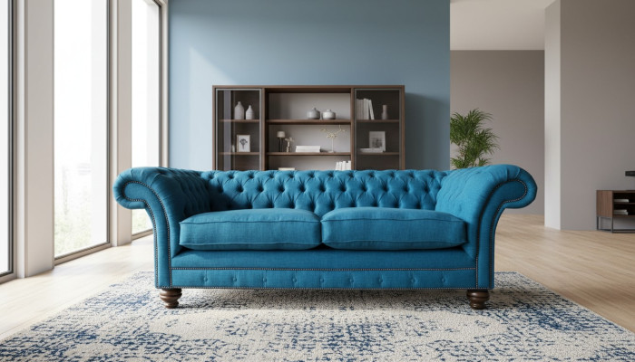 Chesterfield Bank 3-zits Bankstel Stoffen Banken Stof Woonkamer Blauw Textiel