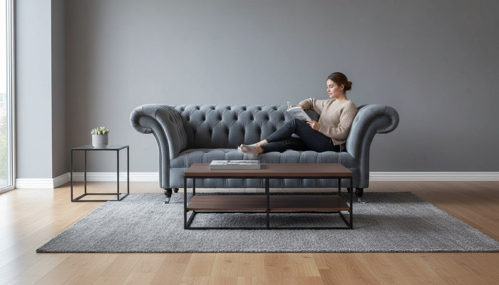 Chesterfield Bank 3-zits luxe bank woonkamer bankstellen grijs stoffen bank