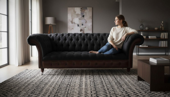 Chesterfield 3-zits bank bank leer bekleding zit stof zwart Nieuw