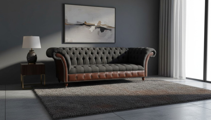 Chesterfield 3-zits bank bank leer bekleding zit stof zwart Nieuw
