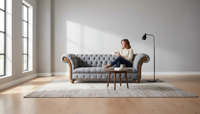 Chesterfield stoffen sofa luxe sofa gestoffeerde bank zit grijs textiel