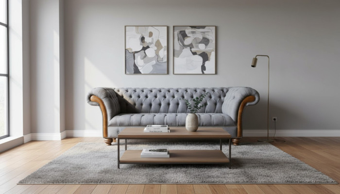Chesterfield stoffen sofa luxe sofa gestoffeerde bank zit grijs textiel